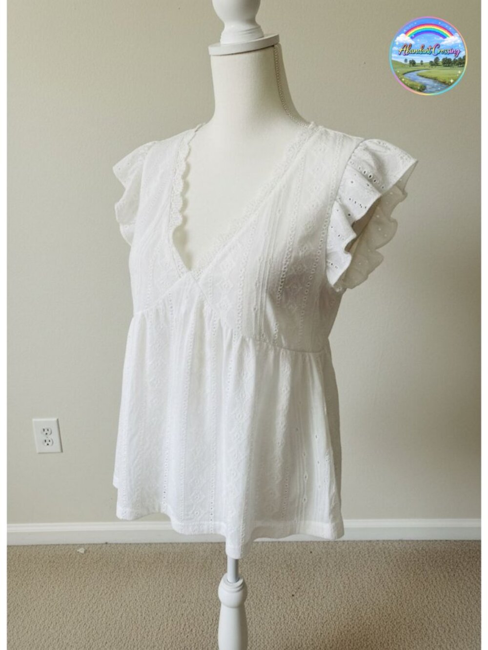 Lace Trimmed Ruffled Flared Eyelet Blouse Flowy Peplum Cap Sleeve V-Neck Top